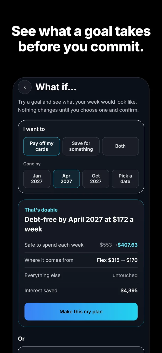 What if: Pay off my cards by April 2027. That's doable: debt-free by April 2027 at $172 a week.